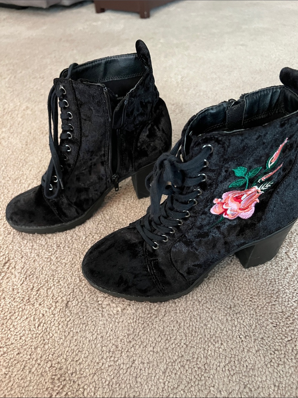 Black Velvet Lace-Up Ankle Boots with Pink Rose Embroidery side zipper